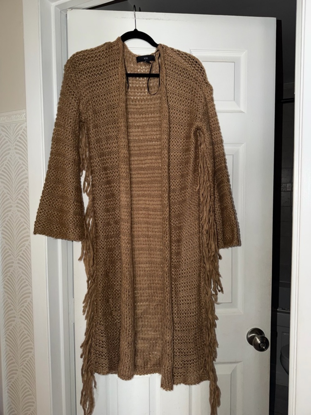 Forever 21 Camel Brown Open-Front Fringe Knit Cardigan